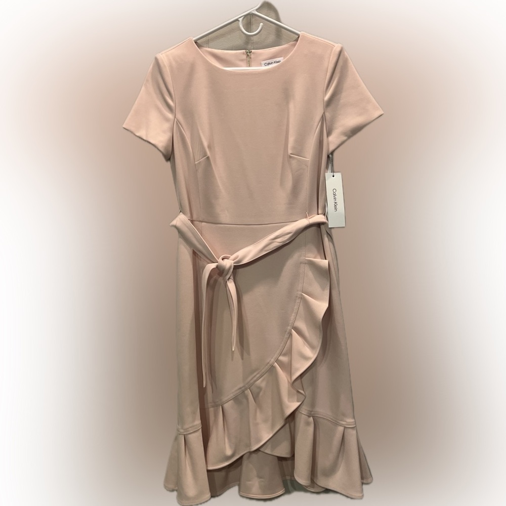 Calvin Klein Short Sleeve Belted Ruffle Hem Faux Wrap Dress Pink Size 8